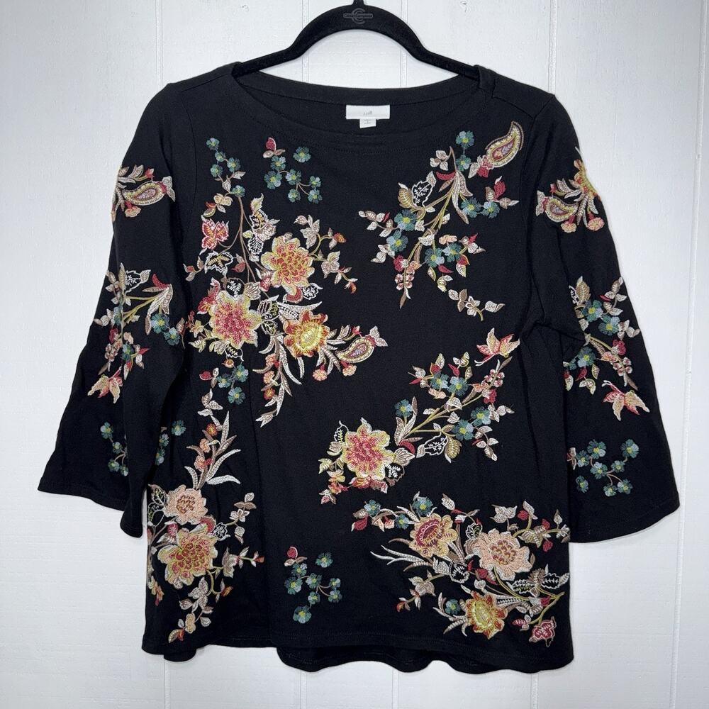 J. Jill Women’s Floral Embroidered Top Black 3/4 Sleeve Boho Size SP